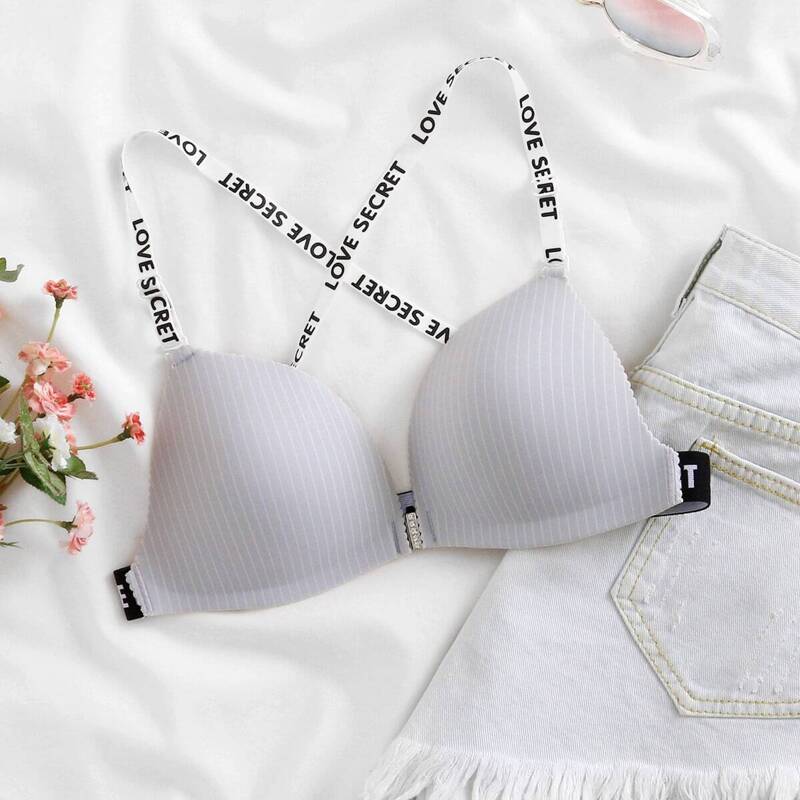 

Striped Slogan Tape Bra, Light grey