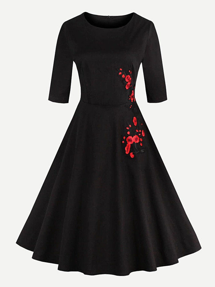 Embroidered Applique Flare Dress - Black - View 1