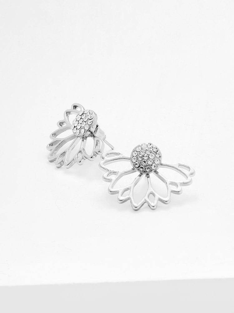 Open Lotus Stud Earrings - Silver - View 3