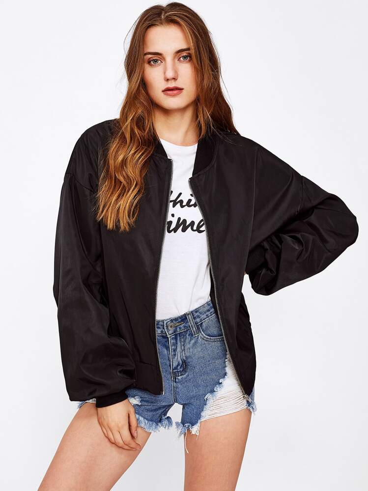 Patch Back Ribbon Detail Oversized Bomber Jacket - Đen và trắng - Xem 3