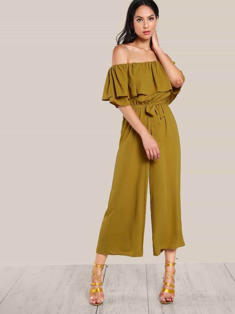 SHEIN Ruffle Off Shoulder Self Tie Culotte Jumpsuit - Mustard Yellow - View 5