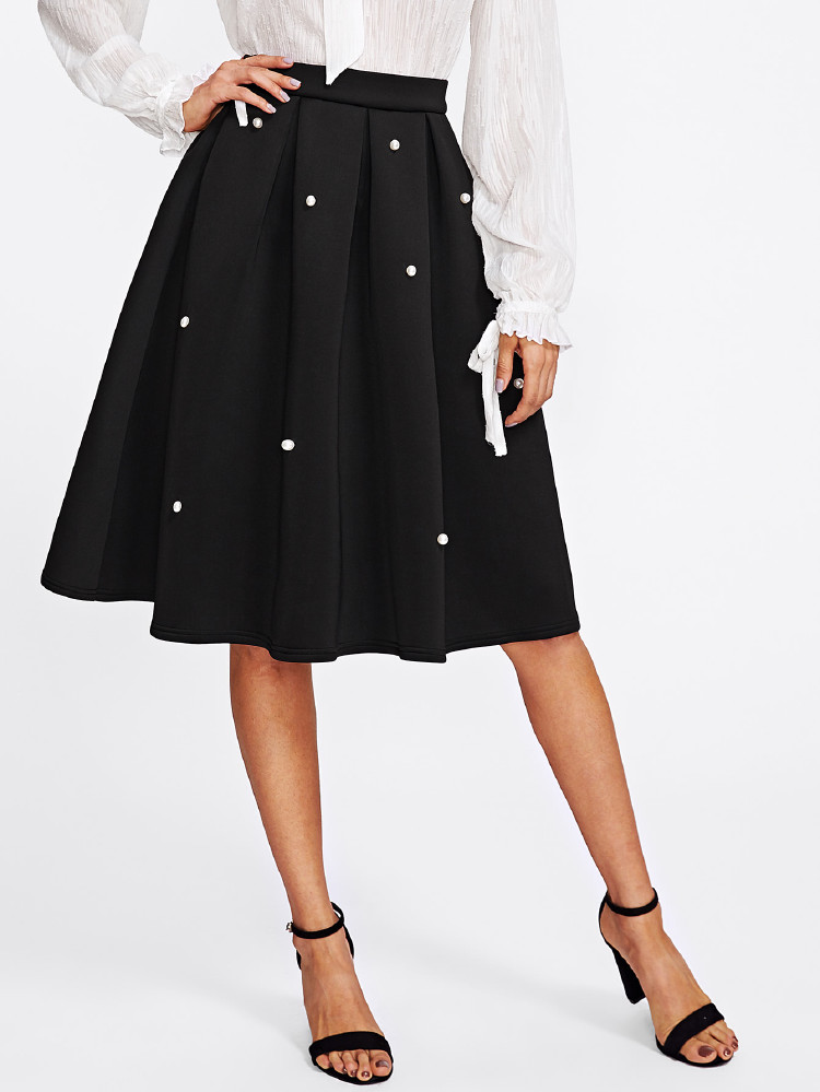 SHEIN Pearl Embellished Boxed Pleated Circle Skirt - Black - View 3