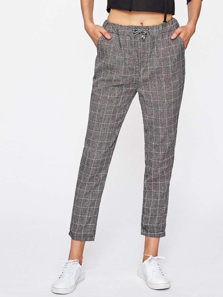 Checked Drawstring Waist Pants - Grey - View 1