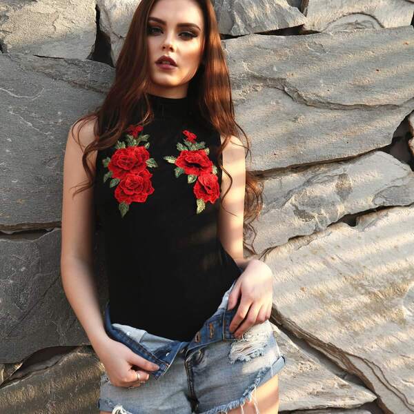 

3D Embroidered Appliques Mock Neck Bodysuit, Black