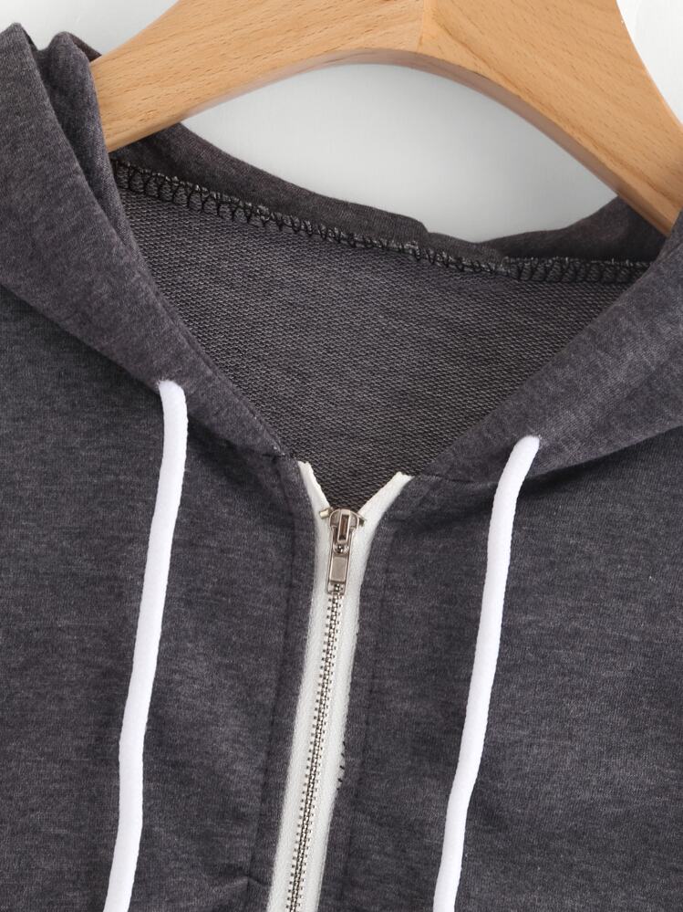 SHEIN Heathered Knit Cropped Zip-Up Hoodie - Dark Grey - View 3