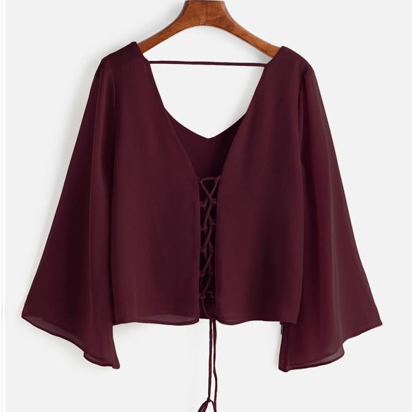 

Kimono Sleeve Criss Cross Lace-Up Blouse