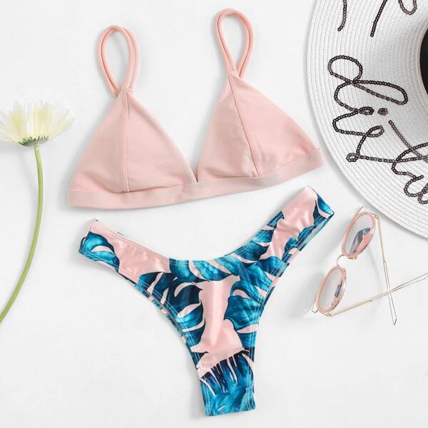 

Triangle Top With Tropical Print Bikini Set, Multicolor