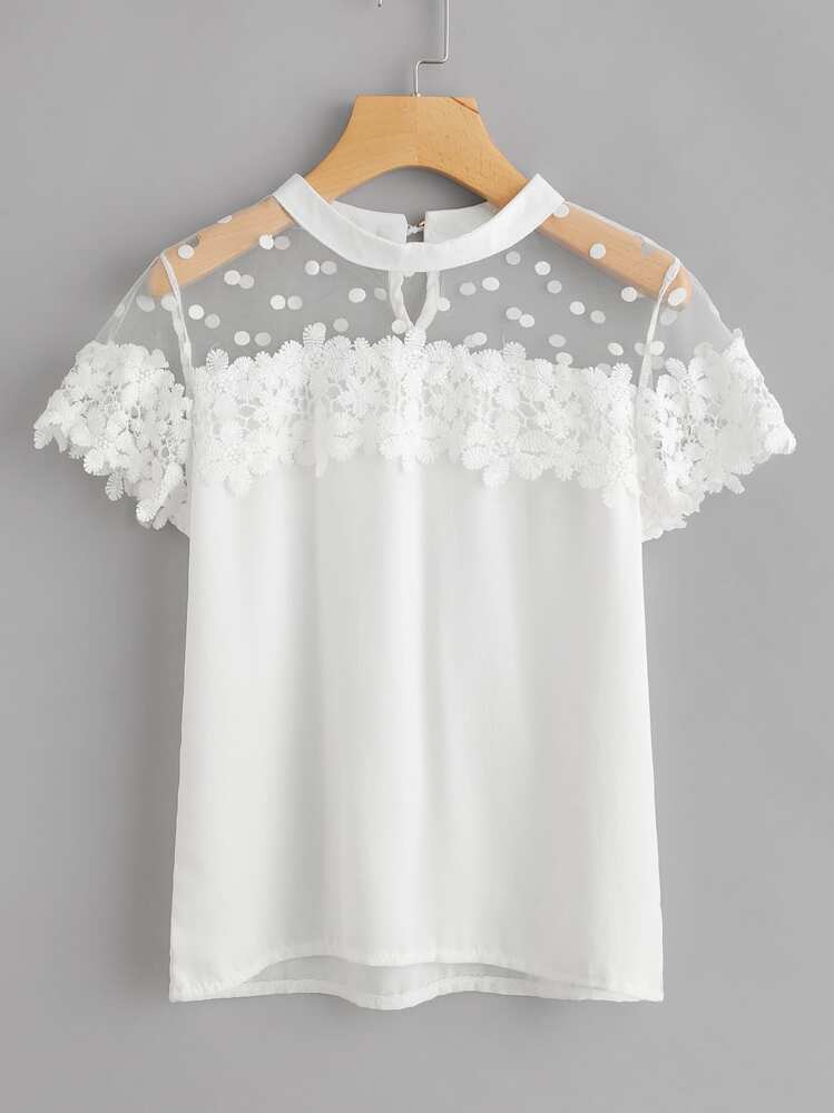 Dot Mesh Panel Crochet Appliques Blouse - White - View 1
