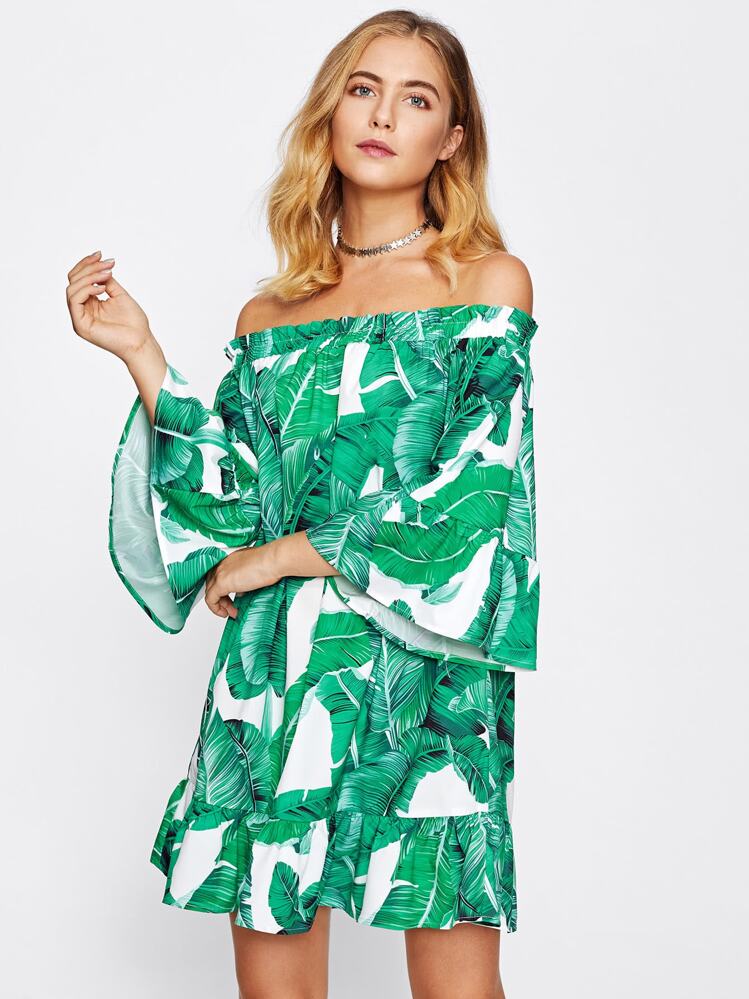 Frill Bardot Jungle Print Dress - Multicolor - View 1