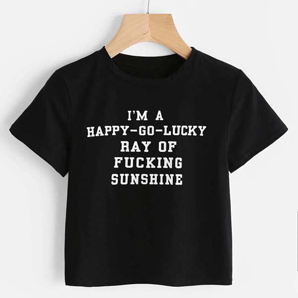 

Slogan Print Crop Tee, Black