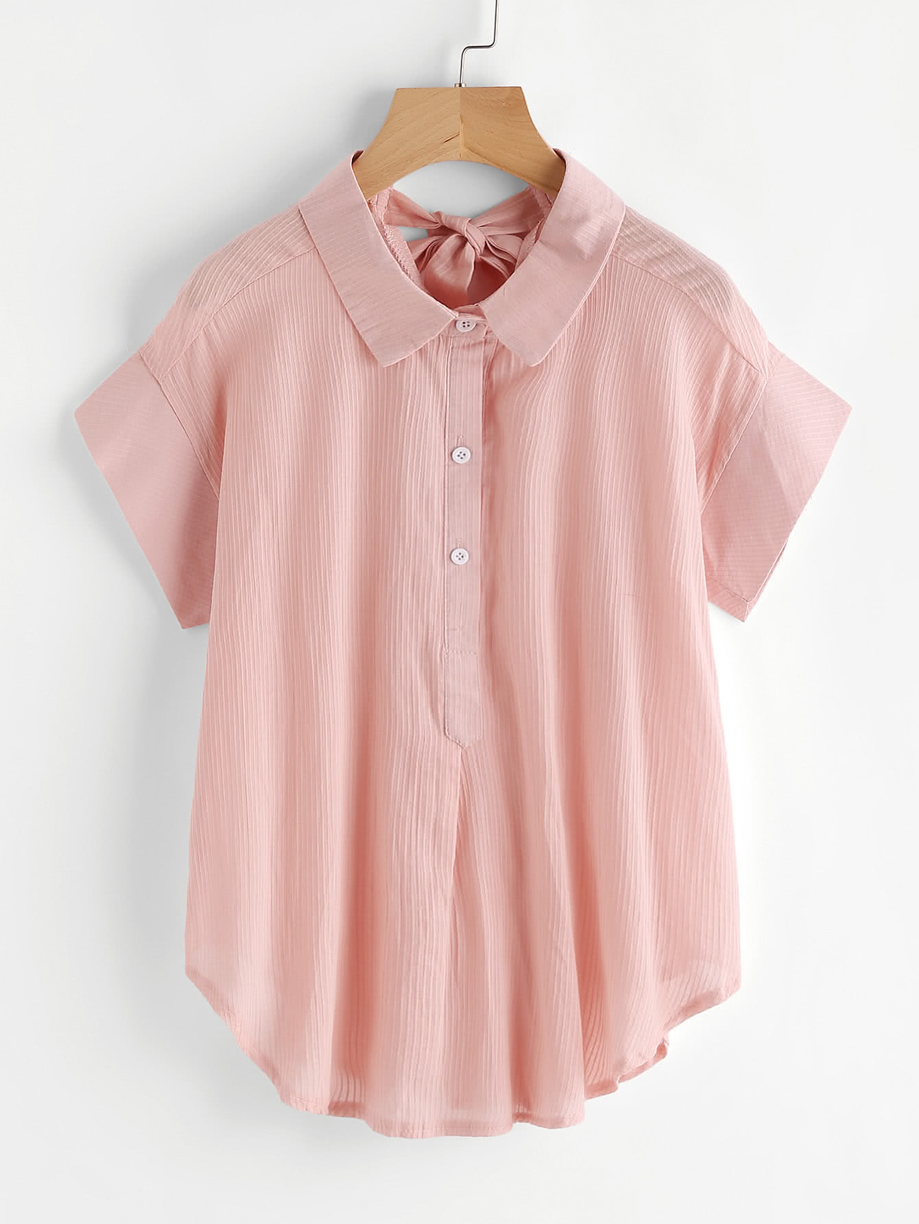 

Bow Tie Back Curved Hem Blouse, Pink
