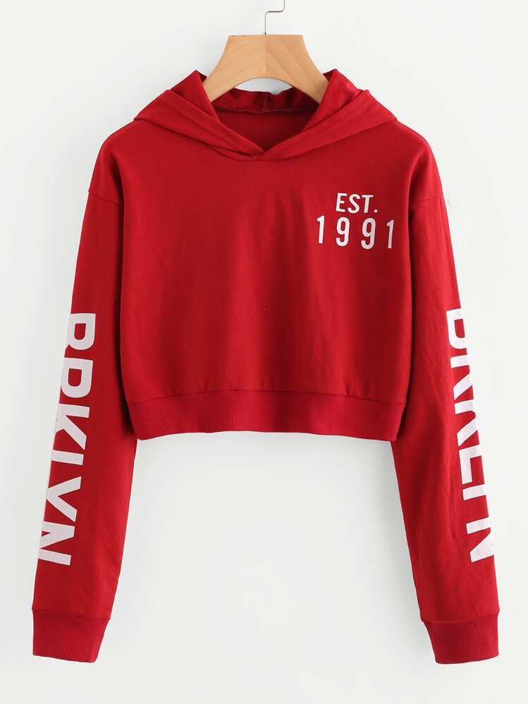 Letter Print Crop Hoodie - Red - View 1