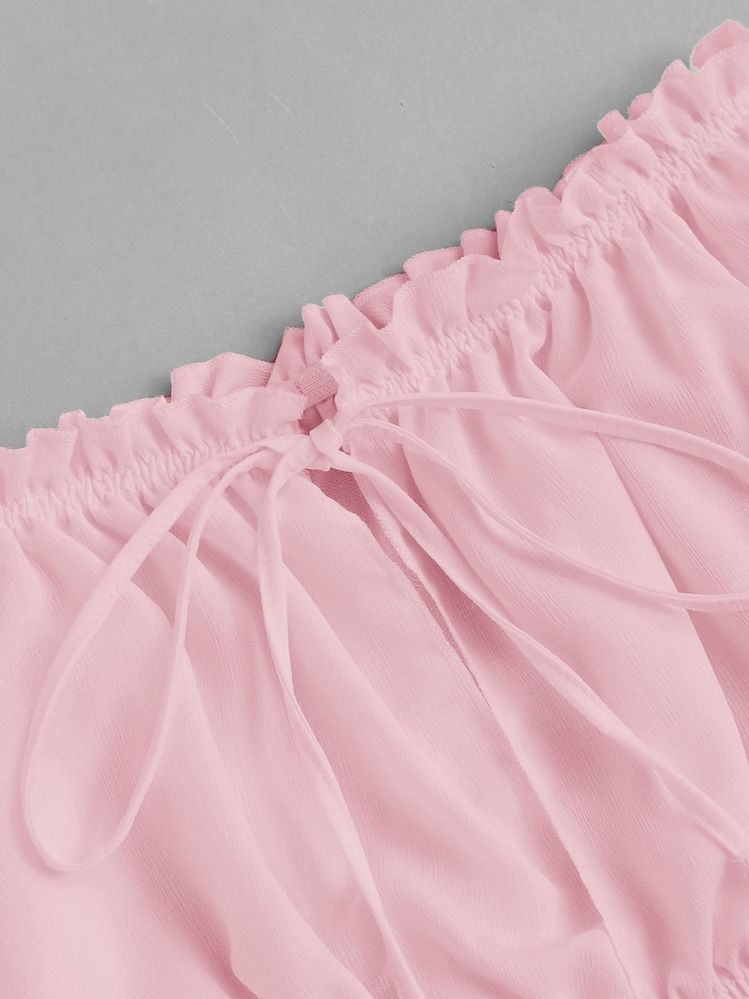 Off Shoulder Drawstring Split Front Blouse - Pink - View 4