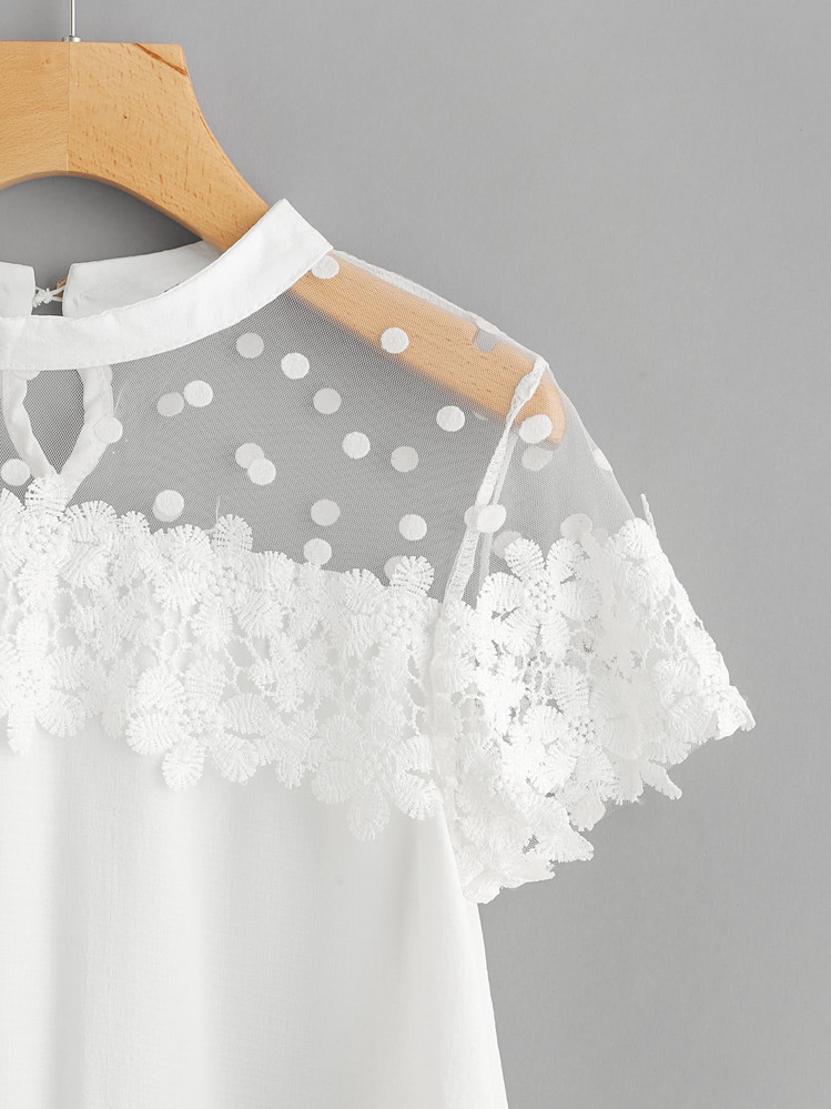 Dot Mesh Panel Crochet Appliques Blouse - White - View 4