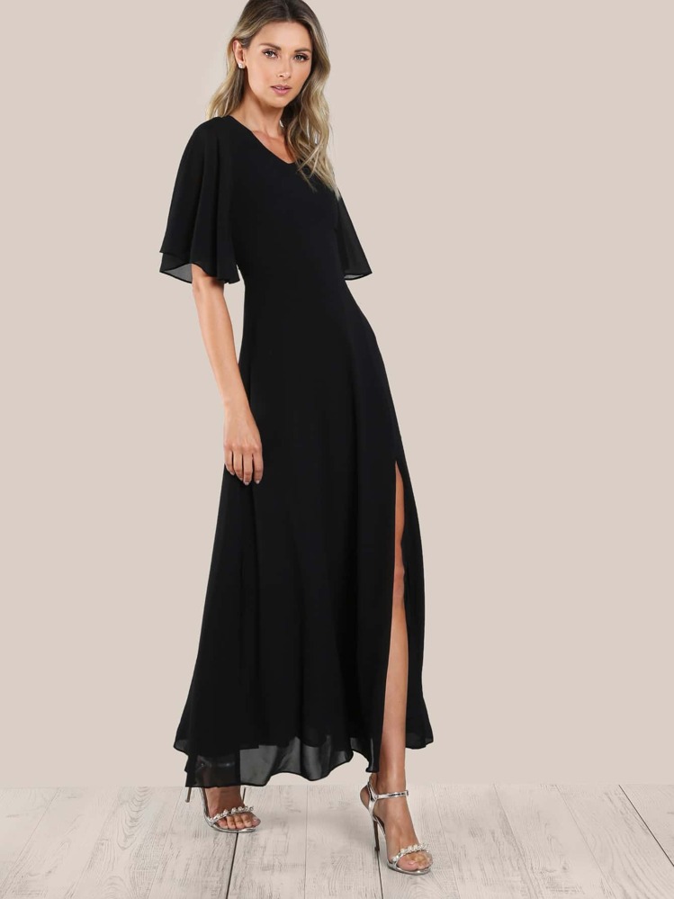 SHEIN Tie Up Open Back Flutter Sleeve Slit Dress - Black - View 2