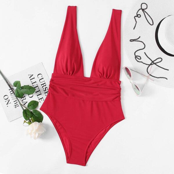 

Plunging Ruched Waist One Piece Swimsuit, Rose red