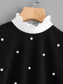 Frill Neck Pearl Embellished Ruffle Hem Top - Black and White - View 3