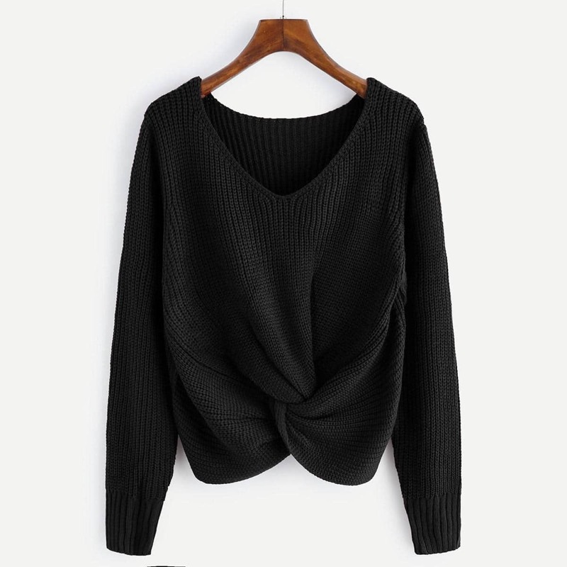 

V-neckline Twist Front Sweater, Black