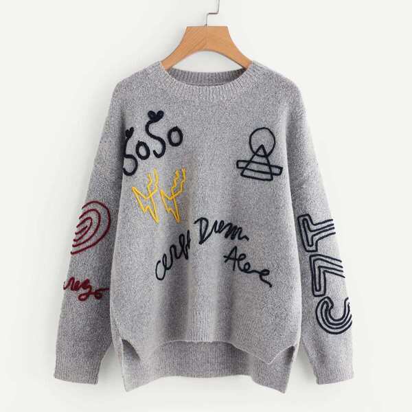 

Braided Embroidery Stepped Hem Sweater, Grey