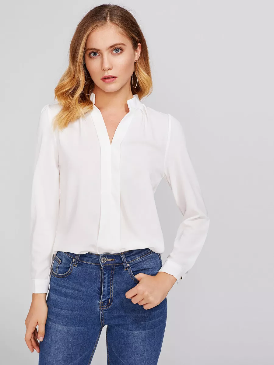 Stand Neck Pleated Detail Chiffon Shirt - White - View 1