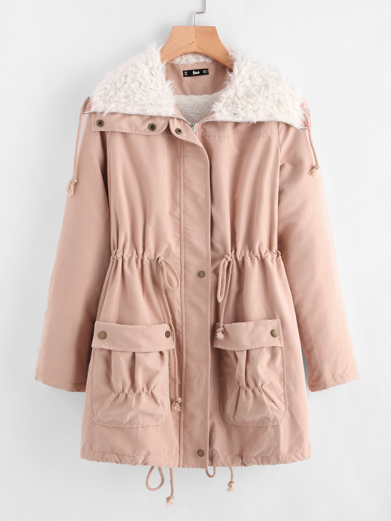 Fleece Lined Pocket Front Drawstring Parka Coat SHEIN IN
