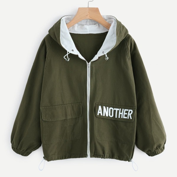 

Hooded Letter Embroidered Drawstring Hem Jacket, Army green