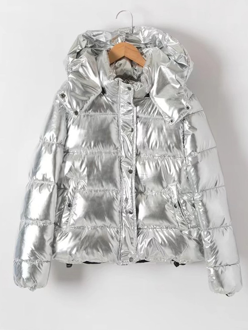 

Metallic Quilted Padded Coat With Hood, Silver