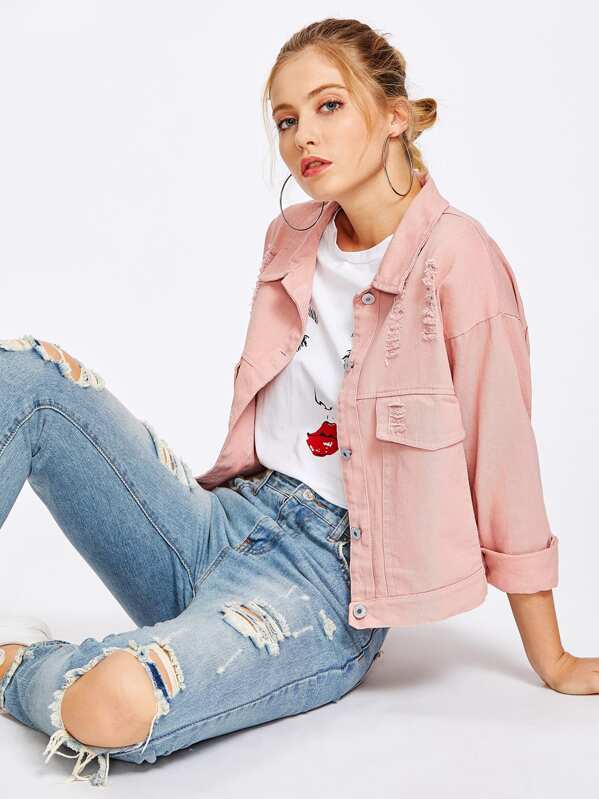 

Single Breasted Ripped Denim Jacket, Pink, Nastyab
