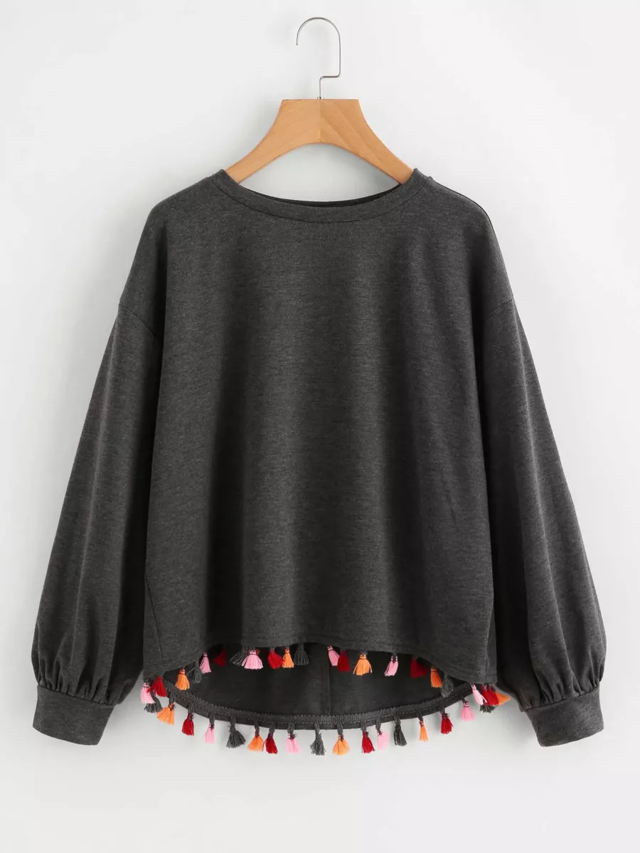 SHEIN LUNE Colourful Tassel Trim Dip Hem Heathered Pullover - Dark Grey - View 1