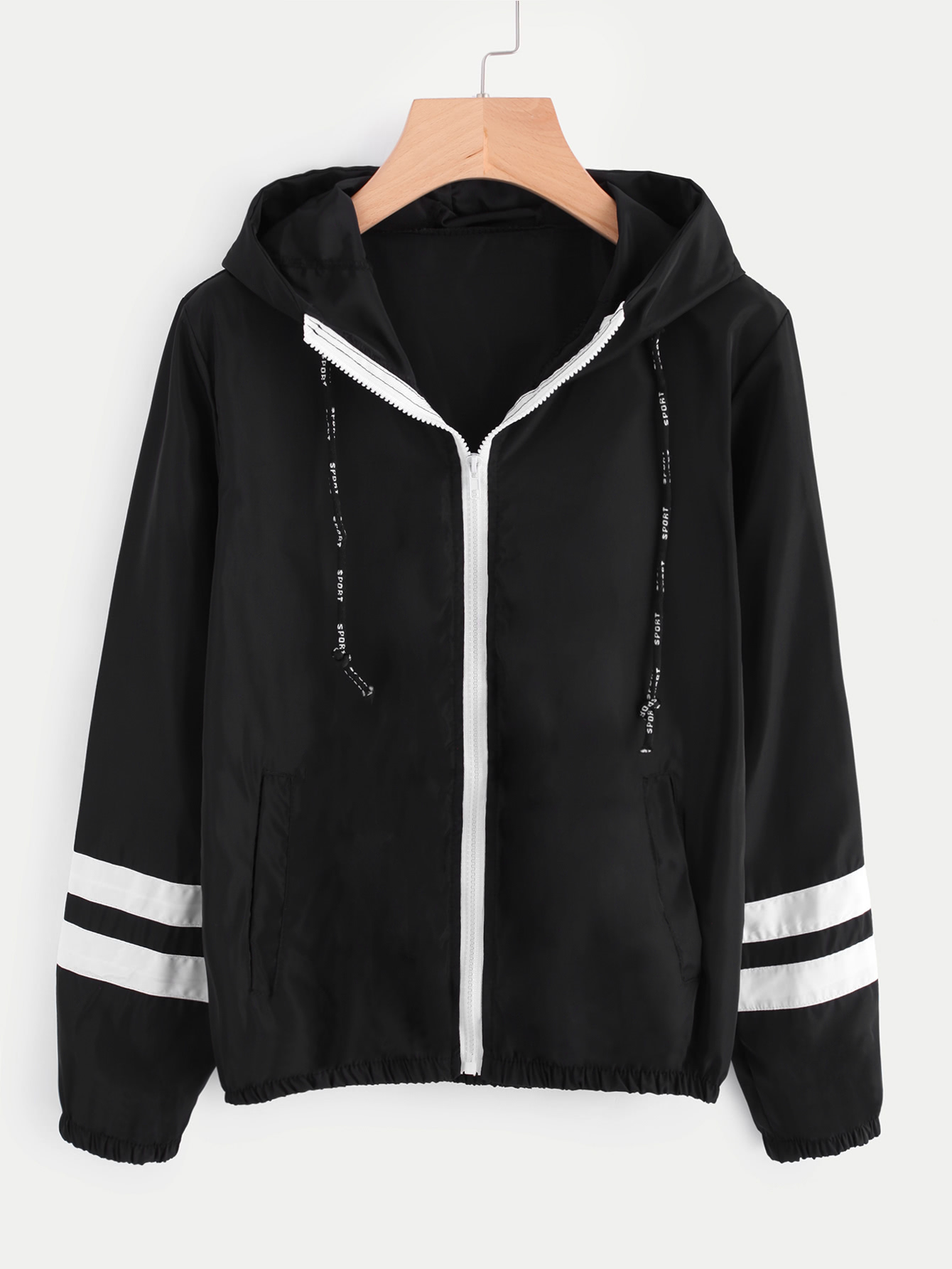 Varsitystriped Zip Up Hooded Jacket ROMWE