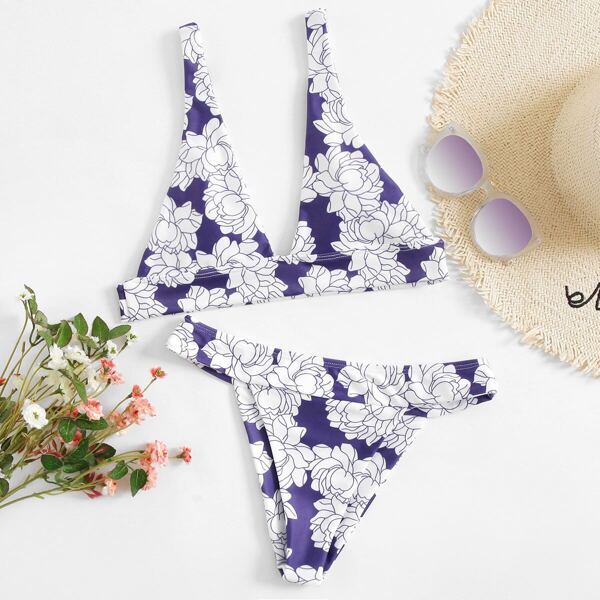 

Flower Print Plunge Bikini Set
