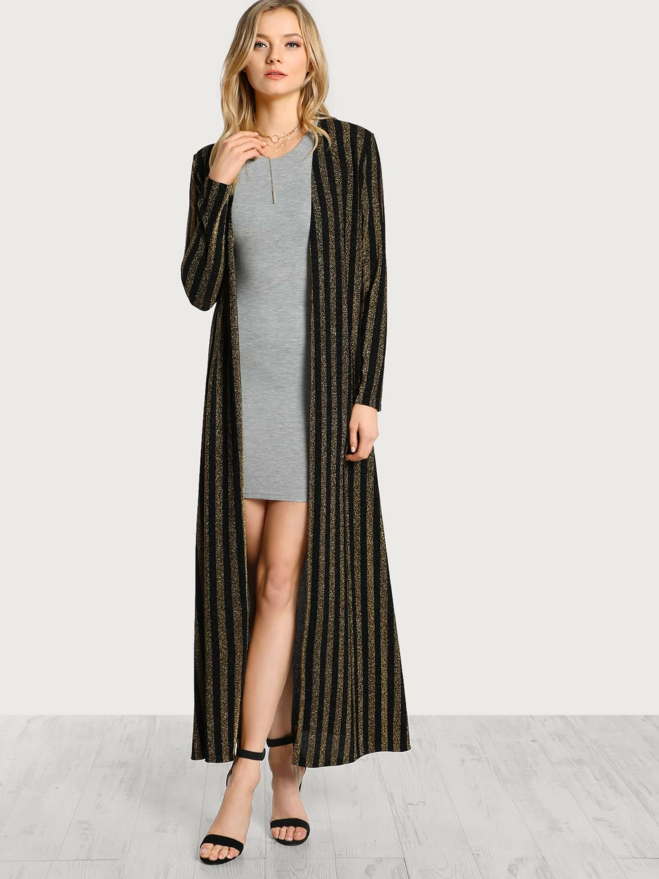 Striped Floor Length Duster Black Gold Shein Uk