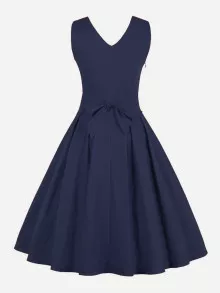 Surplice Wrap Double Plunge Tie Waist Dress - Navy Blue - View 2