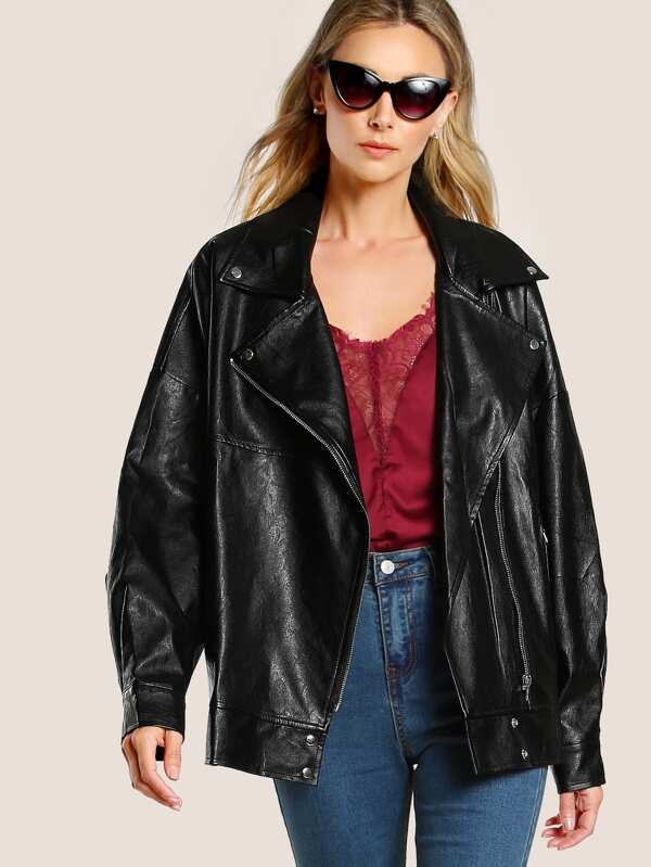 Oversize Faux Leather Jacket Black Shein Sheinside