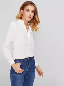 Stand Neck Pleated Detail Chiffon Shirt - White - View 3