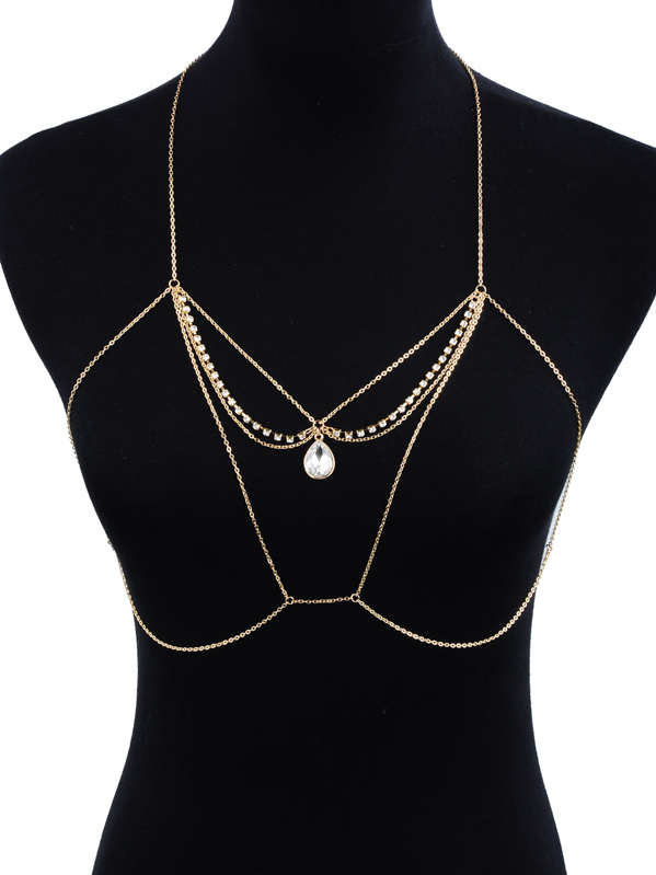 

Water Drop Rhinestone Detail Bralet Body Chain, Gold