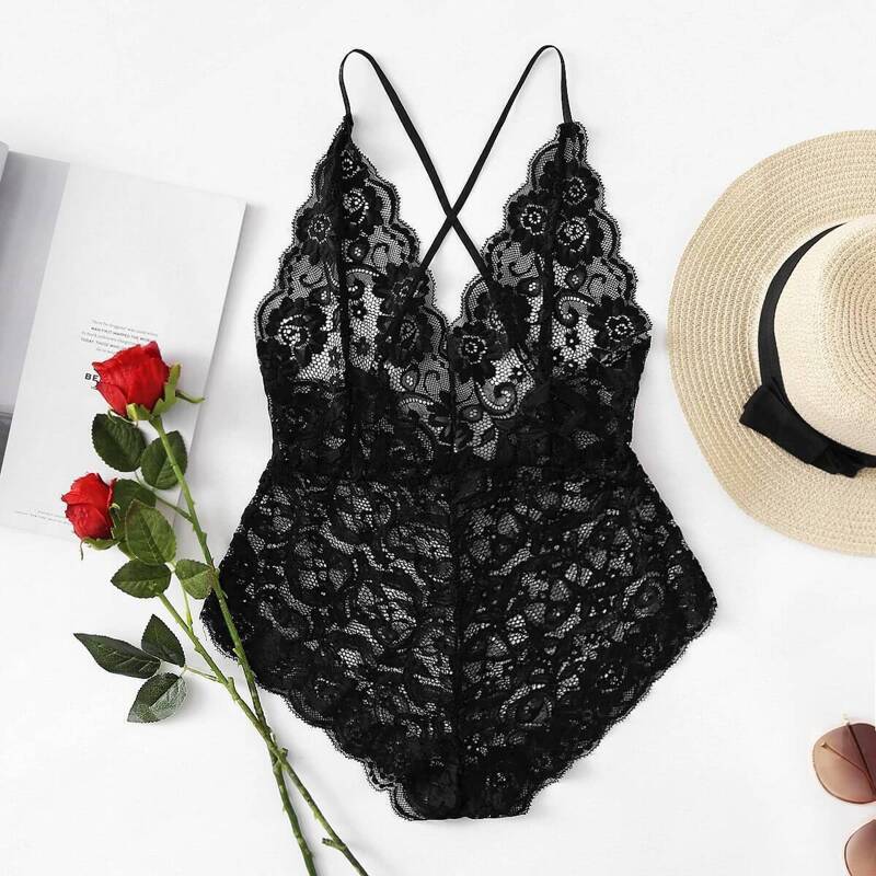 

Scalloped Edge Cross Back Lace Teddy Bodysuit, Black