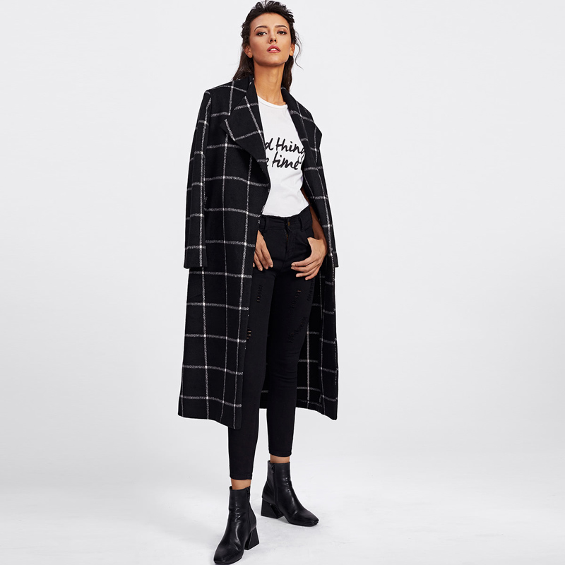 

Drape Collar Grid Longline Coat, Black