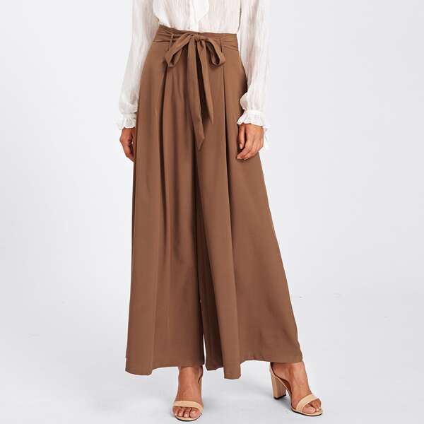 

Self Belted Skirt Palazzo Pants, Brown