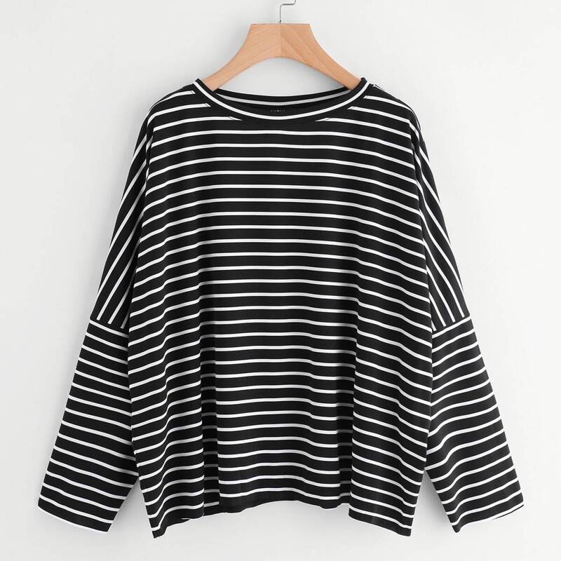 

Drop Shoulder Striped Dolman T-shirt, Black and white