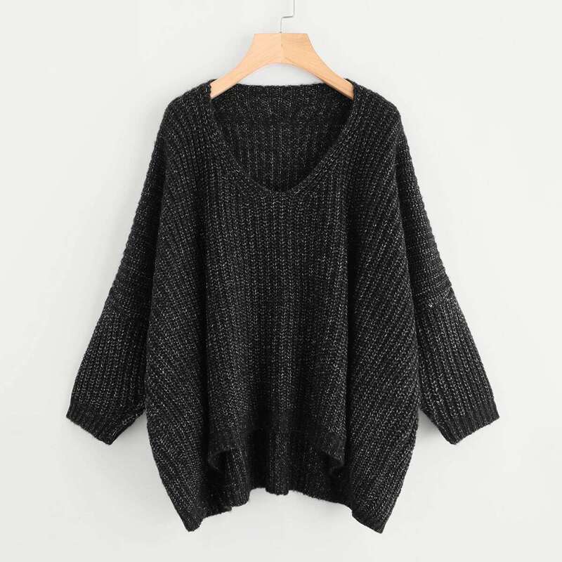 

Drop Shoulder Dip Hem Oversize Sweater, Black