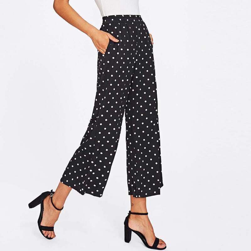 

Polka Dot Wide Leg Pants, Black and white
