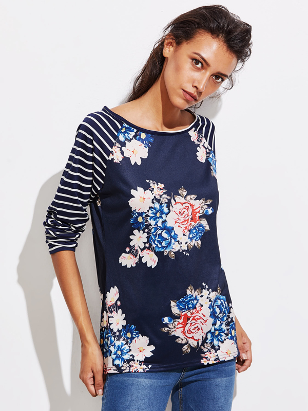 Tee-shirt manche raglan à rayures imprimé fleuri -French SheIn ... Tee-shirt manche raglan à rayures imprimé fleuri -French SheIn(Sheinside)