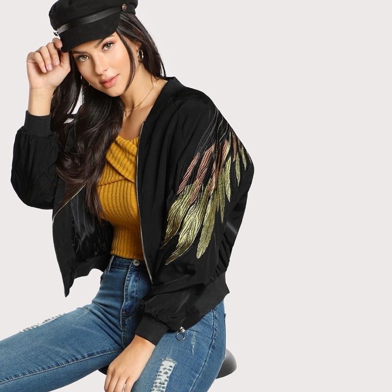 

Feather Embroidered Zip Up Bomber Jacket, Black