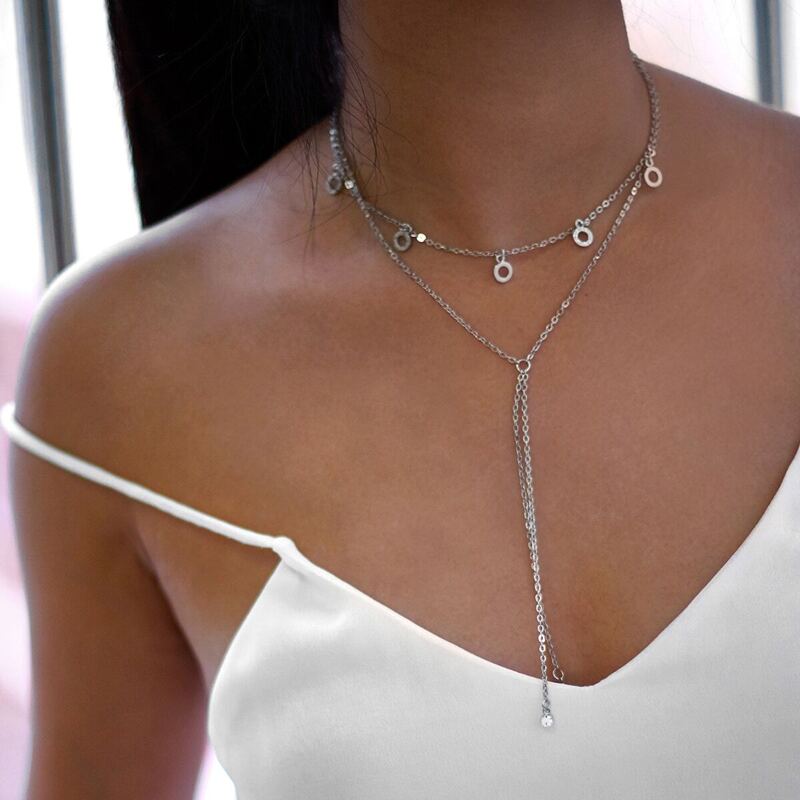 

Rhinestone Detail Layered Chain Necklace, Silver