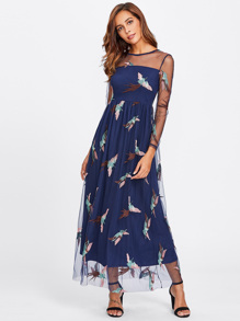 Illusion Neck Embroidered Mesh Overlay Dress