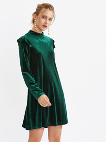 Mock Neck Frill Detail Velvet Dress