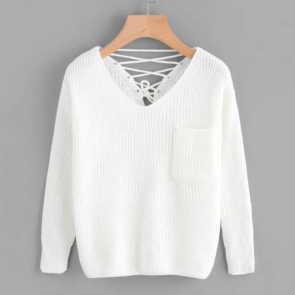 

Double V Lace Up Back Chunky Knit Sweater