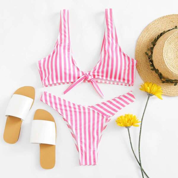 

Knot Front Striped Top With High Leg Bikini