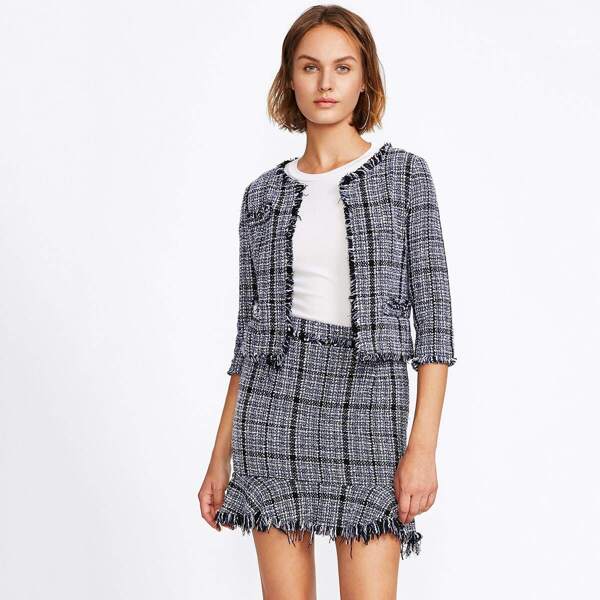 

Frayed Tweed Blazer & Skirt Set